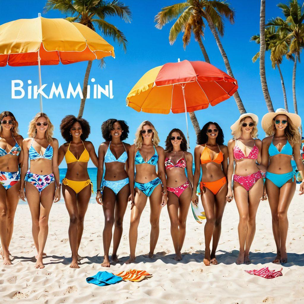 A vibrant beach scene featuring a diverse group of stylishly dressed models showcasing various swimwear styles from bikinis to one-piece suits. The background should have a sunny sky, palm trees, and ocean waves, creating a sense of summer fun. Include a beach umbrella and colorful beach towels to enhance the casual vibe. Incorporate text bubbles with swimwear terminology like 'bikini', 'maillot', and 'tankini' in a playful font. super-realistic. vibrant colors. sunny atmosphere.